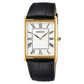 Seiko Essentials Quartz Rectangle Gold-Tone Men's Black Leather Band Watch SWR052