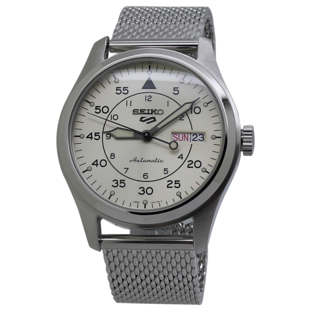 Seiko 5 Sports Automatic Cream Dial Mesh Bracelet Men's Watch